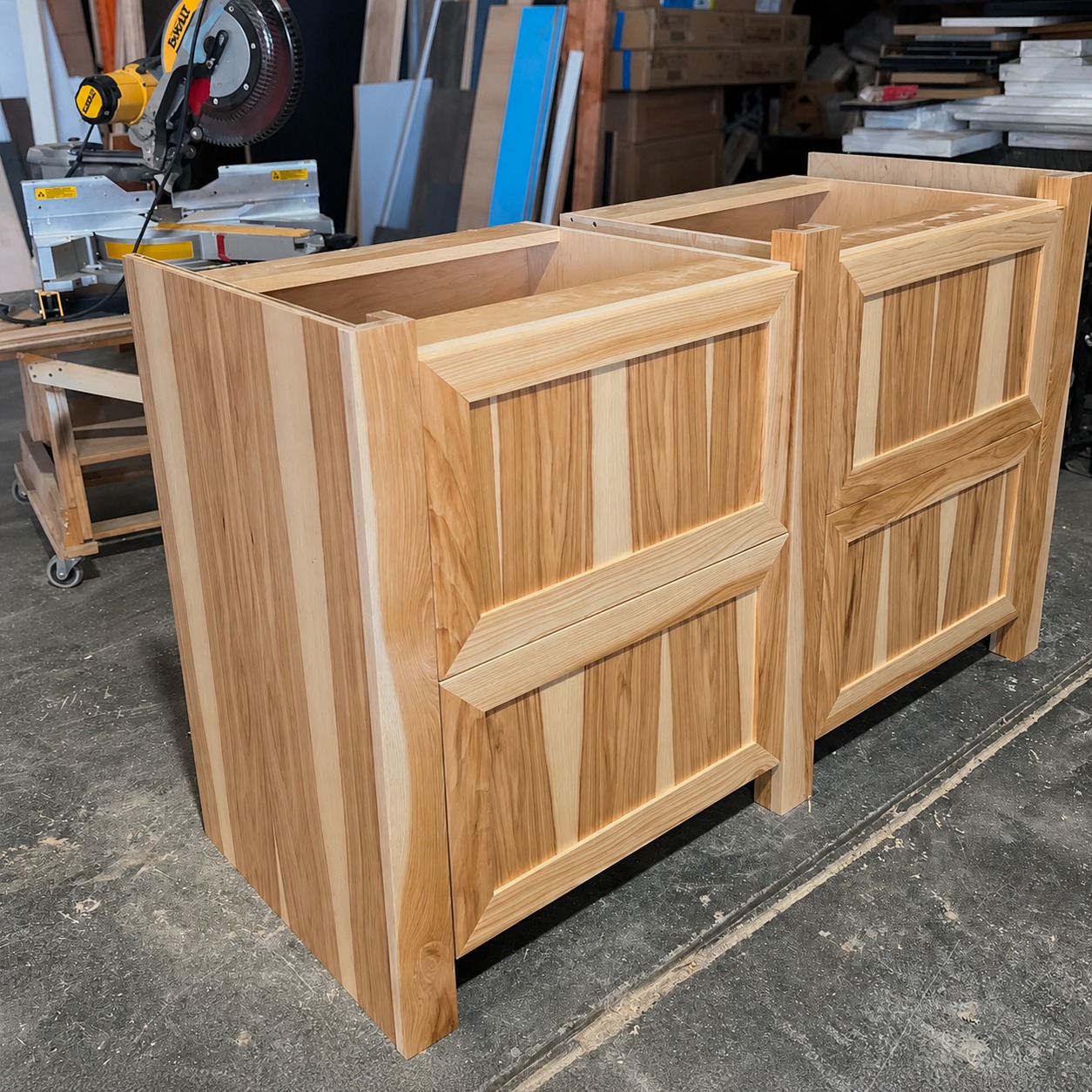 Solid hickory custom vanity cabinets built in workshop