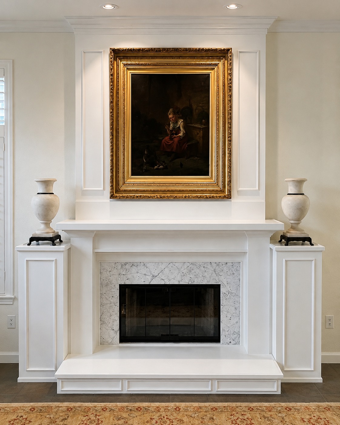 Custom fireplace surround with marble tile and millwork